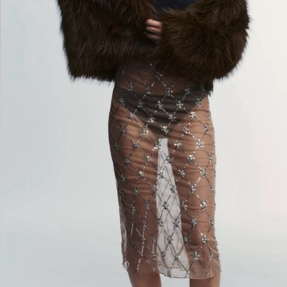 Zara Brown Sheer Midi Skirt